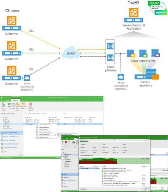 Esquema funcional de la solución de backup VMWare en cloud y capturas de pantalla de Veeam Backup & Recovery